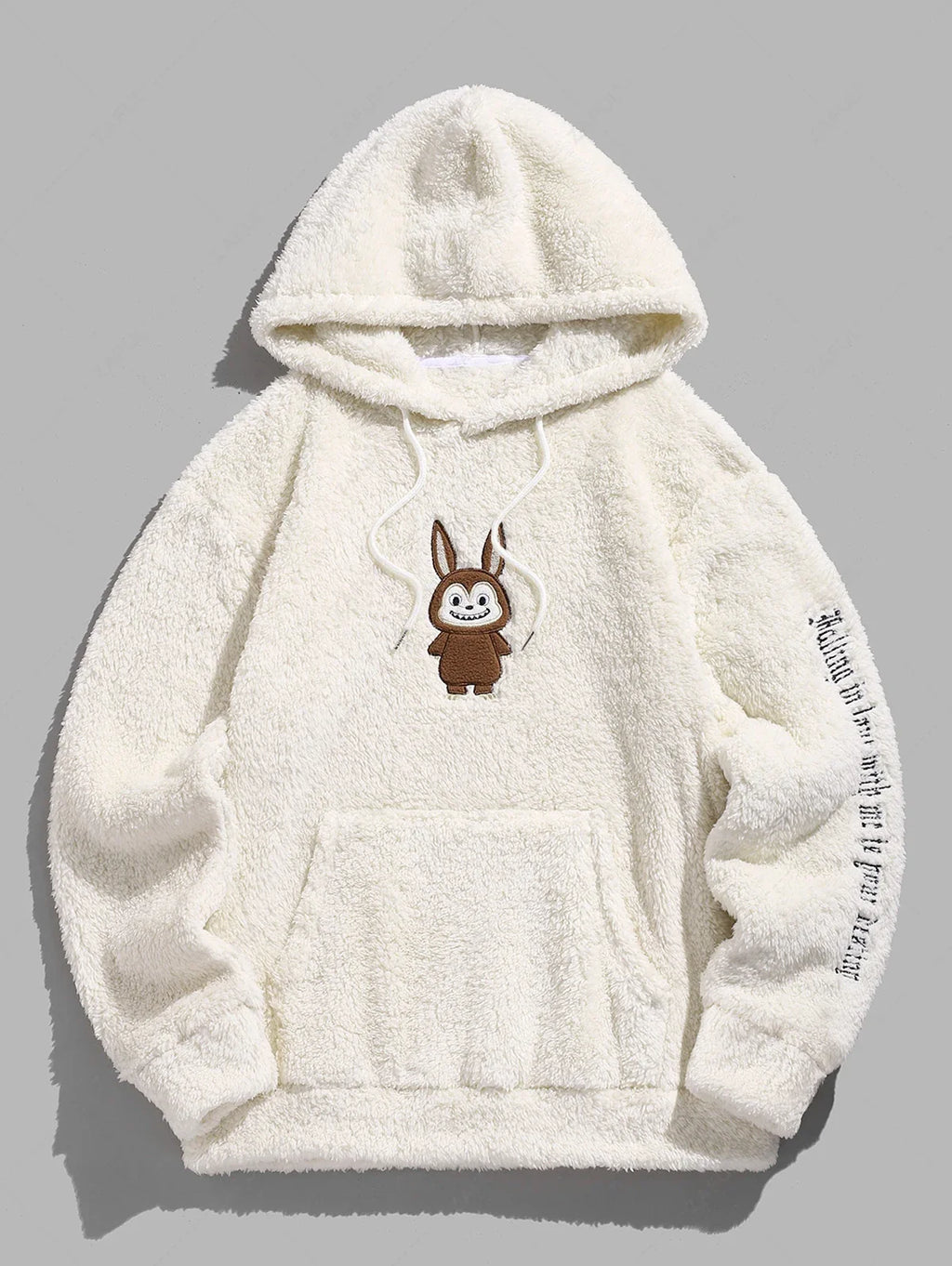 Unisex Fluffy Fleece Embroidered Kangaroo Pocket Pullover Hoodie
